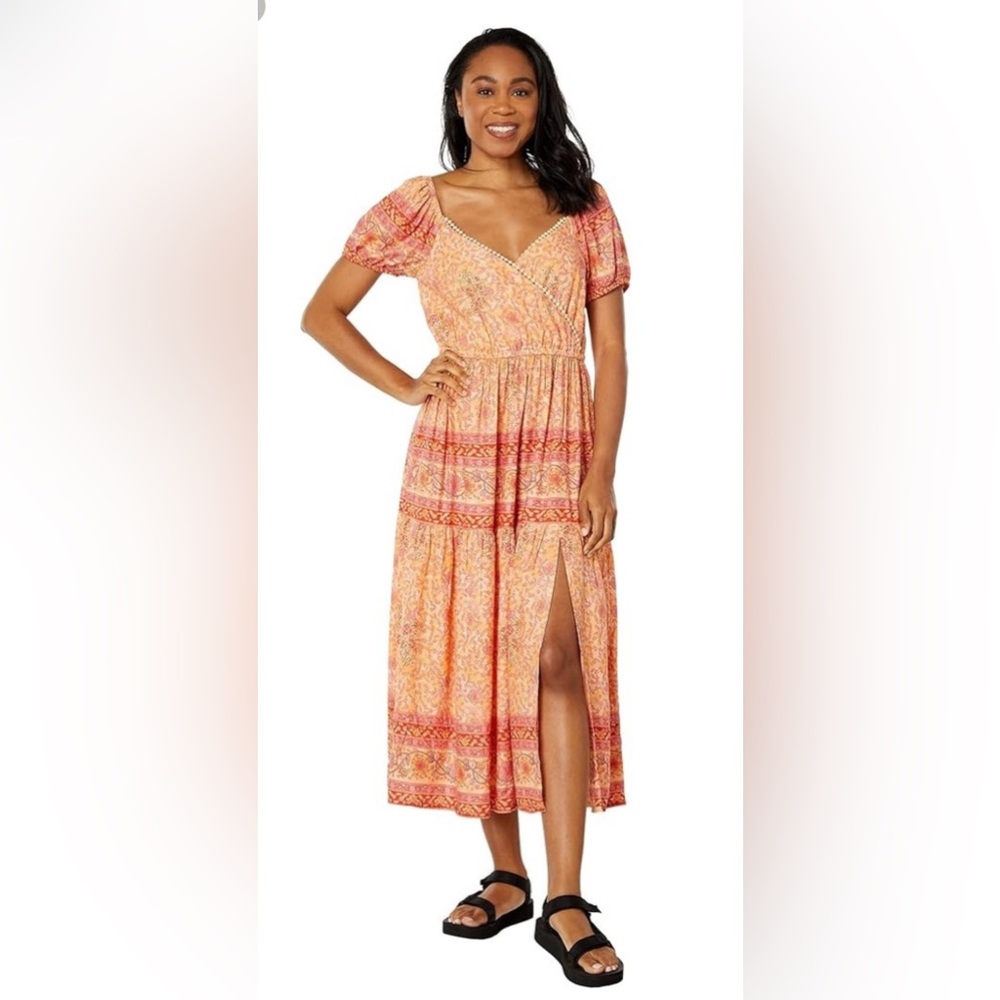 Lucky brand women’s printed midi dress in peach multi